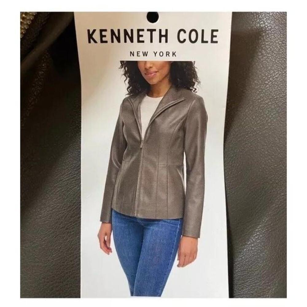 NEW Kenneth Cole Women Faux Leather Stand Up Collar Zip Coat Jacket Grey XL Q9